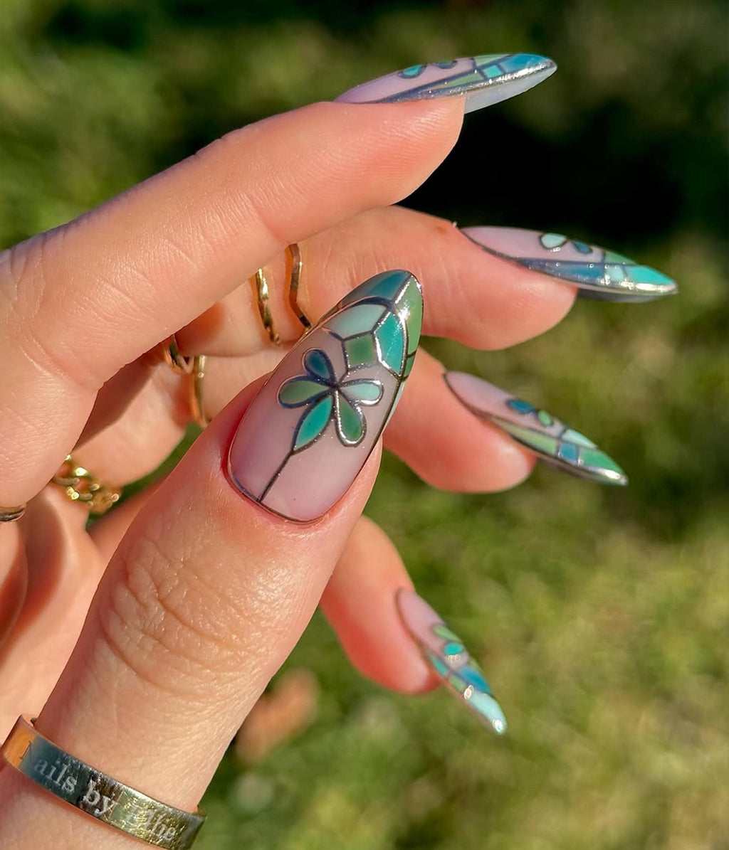 Stained Glass Press-On Nails | Stained Glass Press-On Nails | Neutral & Green Nail Design | Elegant Handcrafted Nail | Luxury Nail | JB724HC