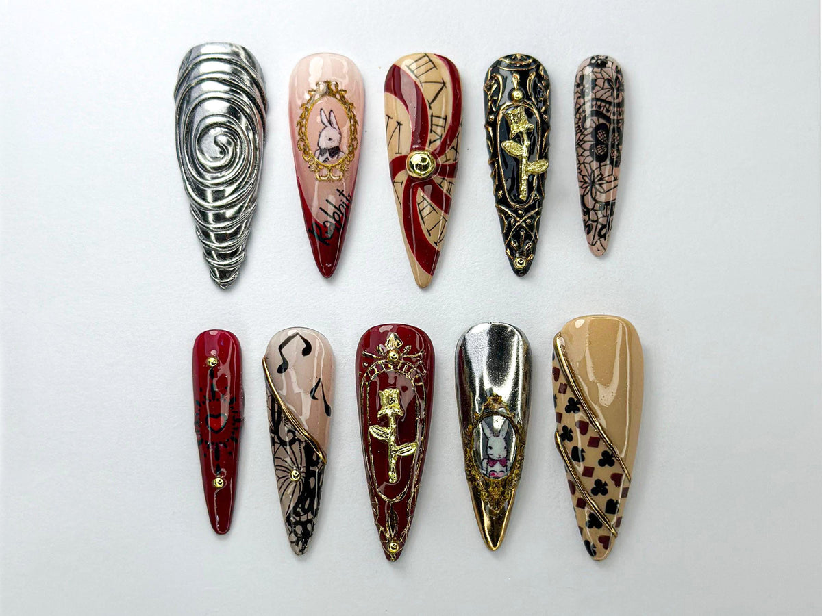 Alice in Wonderland Press-On Nails | Steampunk & Vintage-Inspired Set | White Rabbit Gothic Nail Set | Dark Fairytale Press-Ons | JB727HC