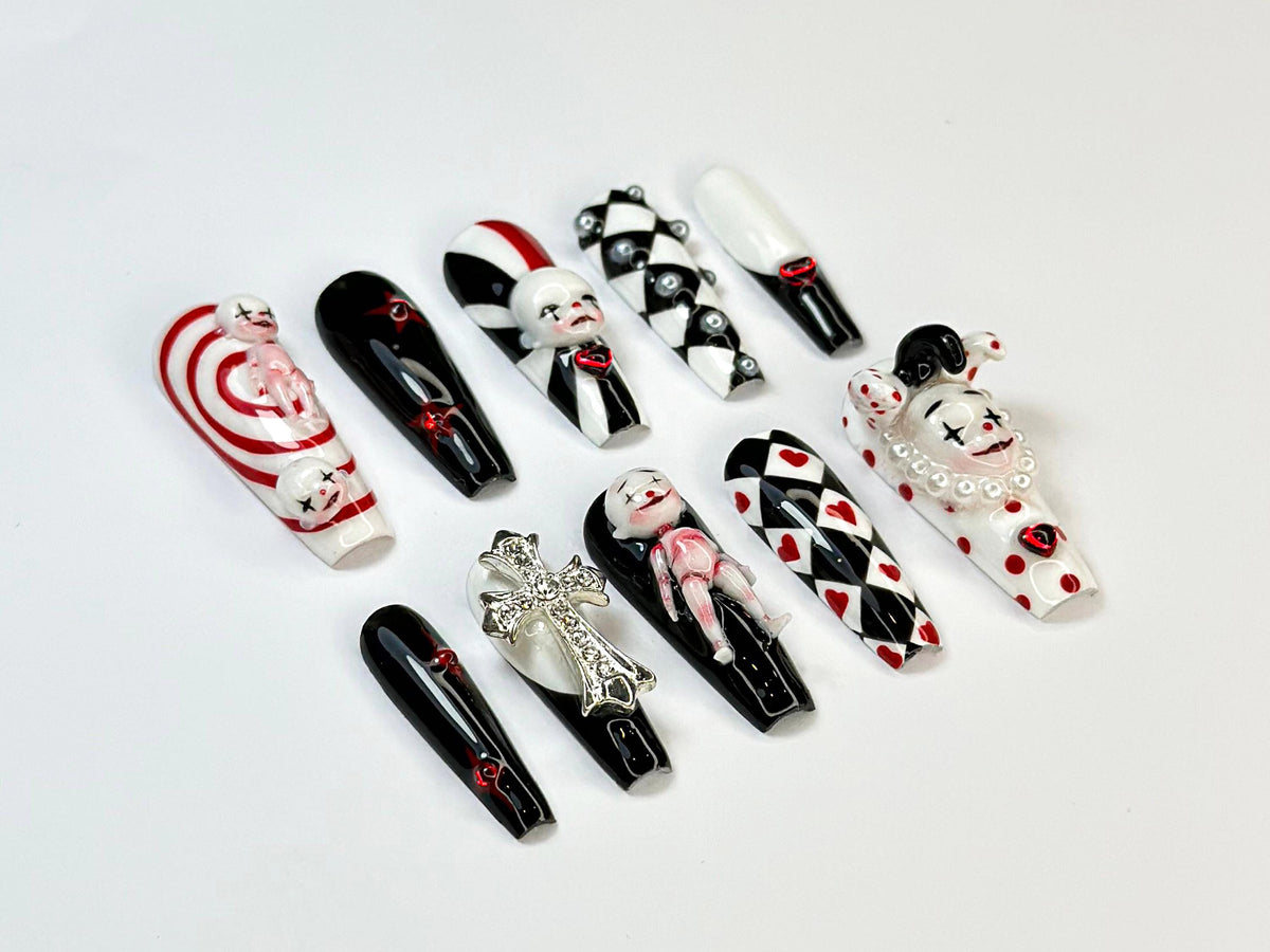 Spooky Carnival Press On Nails | Handmade Black And Red Clown Nail Art | 3D Creepy Clown Design | Gothic Cross & Doll Press Ons | JB700HK