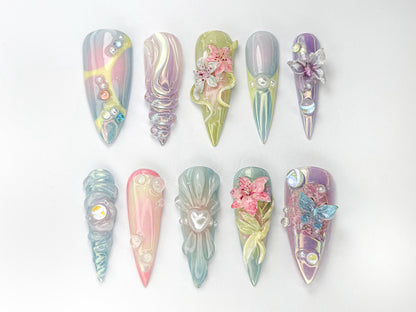 Fairycore Pastel Floral Press-On Nails | Pastel Nature-Inspired Nail | Dreamy Iridescent Design | Butterfly 3D Nail Art | JB730HK