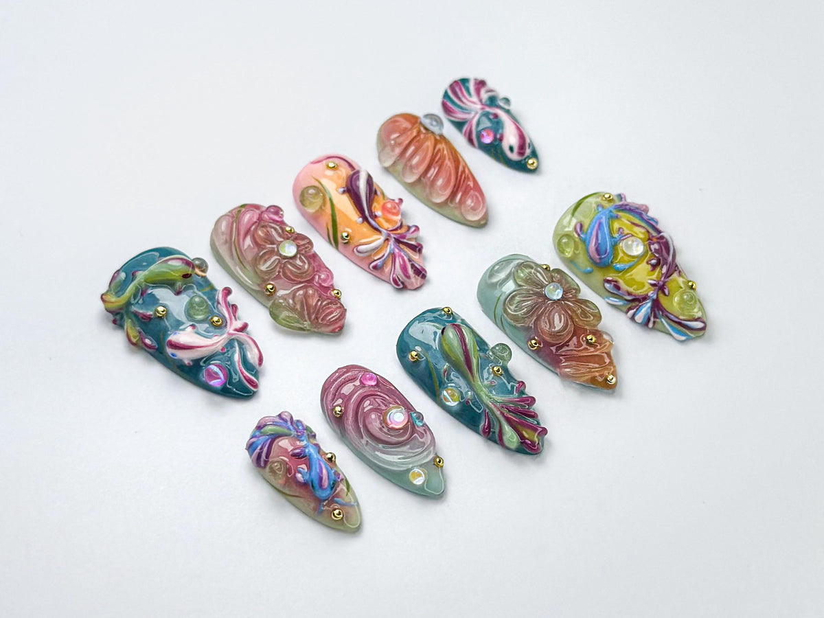 Colorful 3D Press-On Nails | Artistic Jelly Texture Design | Floral & Fish Design Nail | Vibrant Fantasy Press-Ons Set | JB732HC
