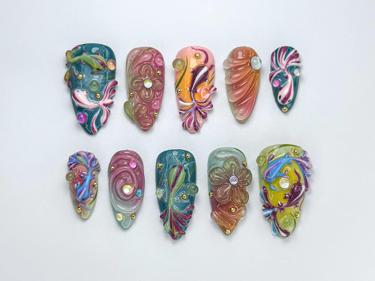 Colorful 3D Press-On Nails | Artistic Jelly Texture Design | Floral & Fish Design Nail | Vibrant Fantasy Press-Ons Set | JB732HC