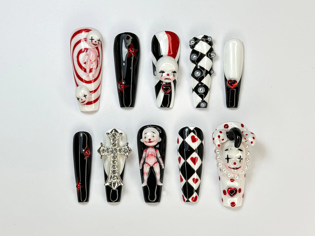 Spooky Carnival Press On Nails | Handmade Black And Red Clown Nail Art | 3D Creepy Clown Design | Gothic Cross & Doll Press Ons | JB700HK