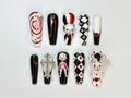 Spooky Carnival Press On Nails | Handmade Black And Red Clown Nail Art | 3D Creepy Clown Design | Gothic Cross & Doll Press Ons | JB700HK