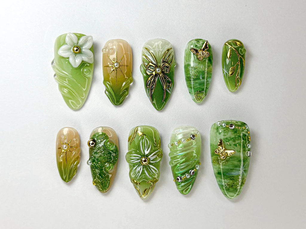 Hand-Painted Forest Green Press On Nails | Botanical Nail Design | Green Nature-Inspired Nails | Green Nature-Inspired Nails | JB705HK
