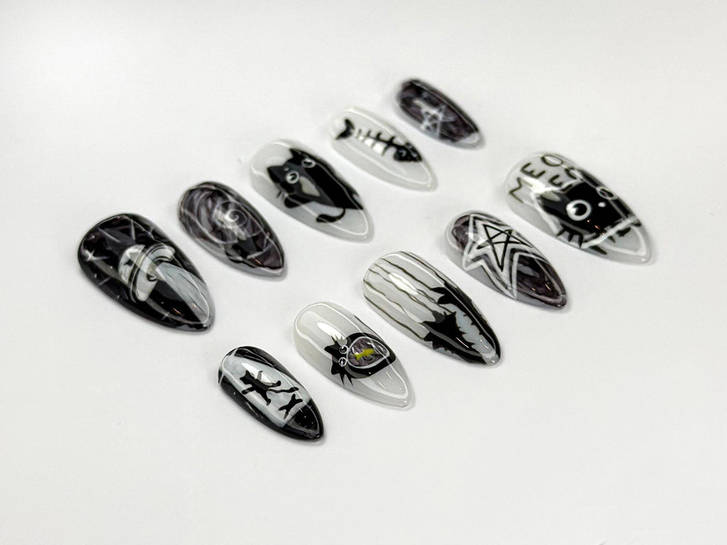 Alien Cat-Themed Press-On Nails | Cute Creepy Goth Nail Art | Cat Alien Aesthetic | Black Cat & Star Nail Set | Horror Nails | JB736HC