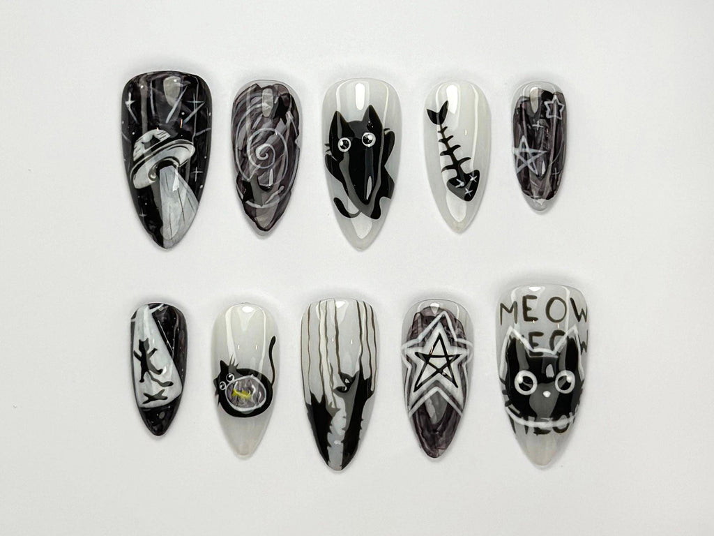 Alien Cat-Themed Press-On Nails | Cute Creepy Goth Nail Art | Cat Alien Aesthetic | Black Cat & Star Nail Set | Horror Nails | JB736HC