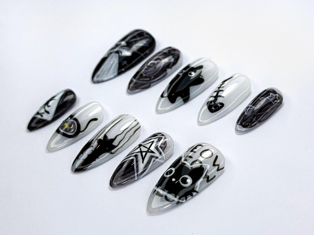 Alien Cat-Themed Press-On Nails | Cute Creepy Goth Nail Art | Cat Alien Aesthetic | Black Cat & Star Nail Set | Horror Nails | JB736HC