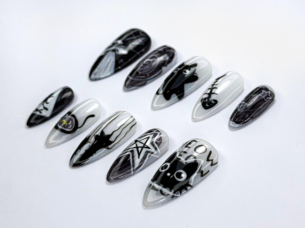 Alien Cat-Themed Press-On Nails | Cute Creepy Goth Nail Art | Cat Alien Aesthetic | Black Cat & Star Nail Set | Horror Nails | JB736HC