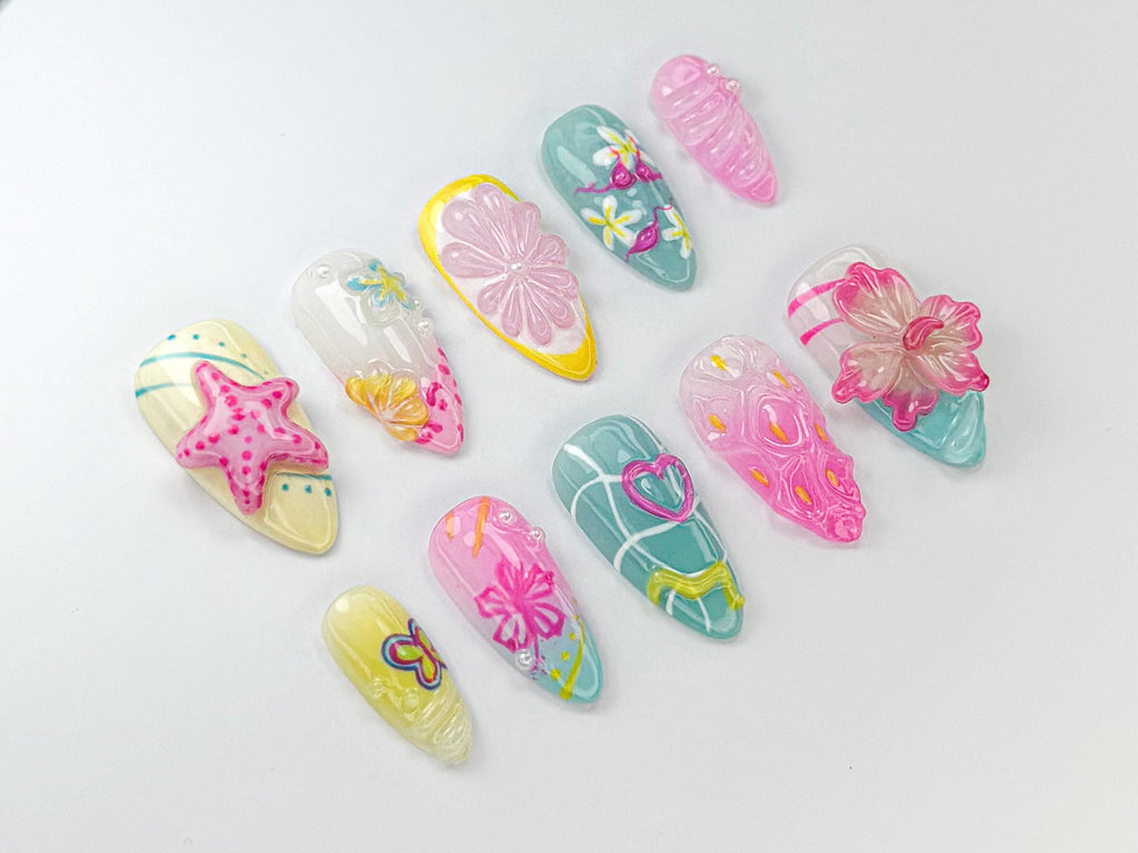 Tropical Summer Press-On Nails | Bright Pink & Yellow Nail Art | Summer Inspired Nail Design | Cute Beach Nail Set | Tropical Vibes |JB738HC