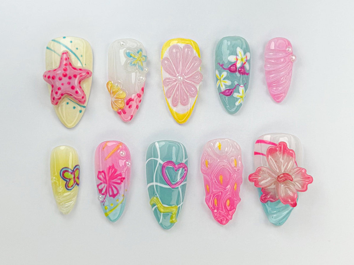 Tropical Summer Press-On Nails | Bright Pink & Yellow Nail Art | Summer Inspired Nail Design | Cute Beach Nail Set | Tropical Vibes |JB738HC