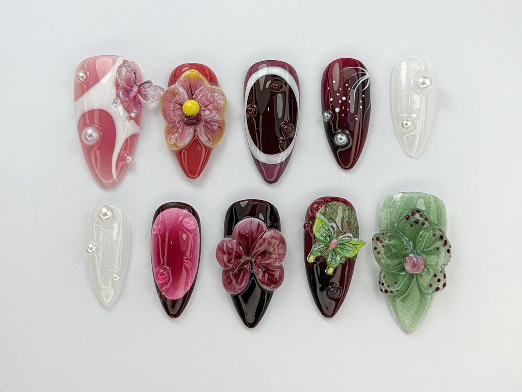 Burgundy Butterfly Press On Nails | Orchid Butterfly Nail Art | 3D Floral Luxury Nail Set | Dark Red Orchid Nails | Elegant Nails | JC743HK