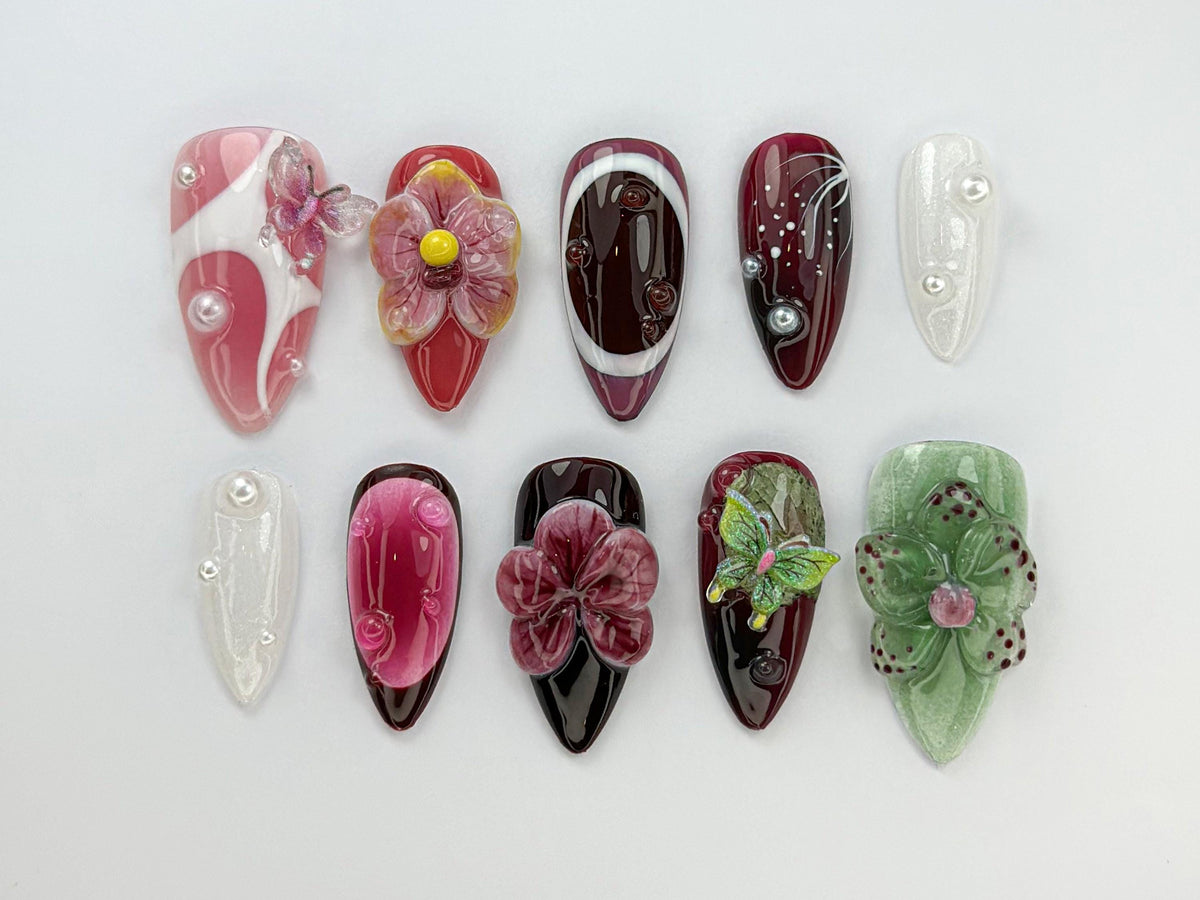 Burgundy Butterfly Press On Nails | Orchid Butterfly Nail Art | 3D Floral Luxury Nail Set | Dark Red Orchid Nails | Elegant Nails | JC743HK