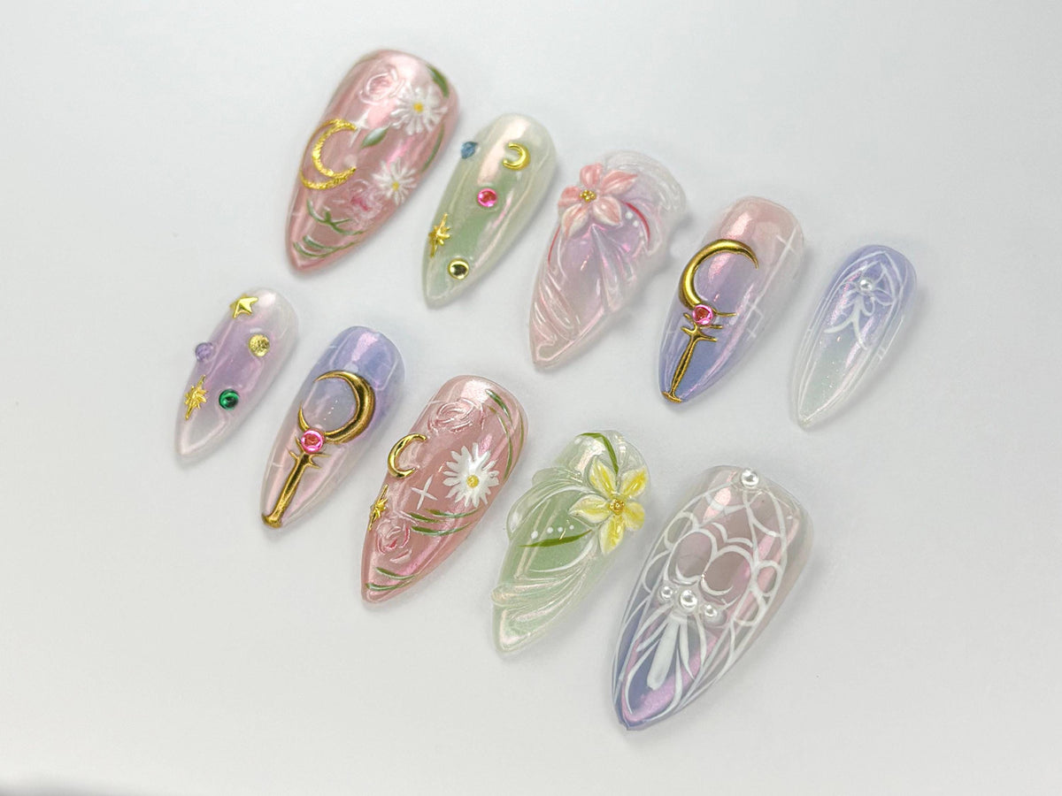 Sailor Moon Press On Nails | Pastel Magical Girl Nail Art | Iridescent Anime Design | Kawaii Anime Press On | Handmade Cosplay Nail |JB746HK