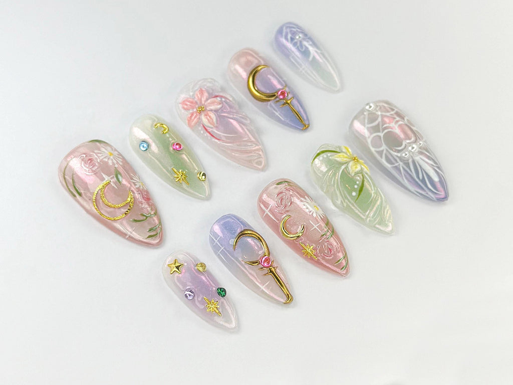 Sailor Moon Press On Nails | Pastel Magical Girl Nail Art | Iridescent Anime Design | Kawaii Anime Press On | Handmade Cosplay Nail |JB746HK