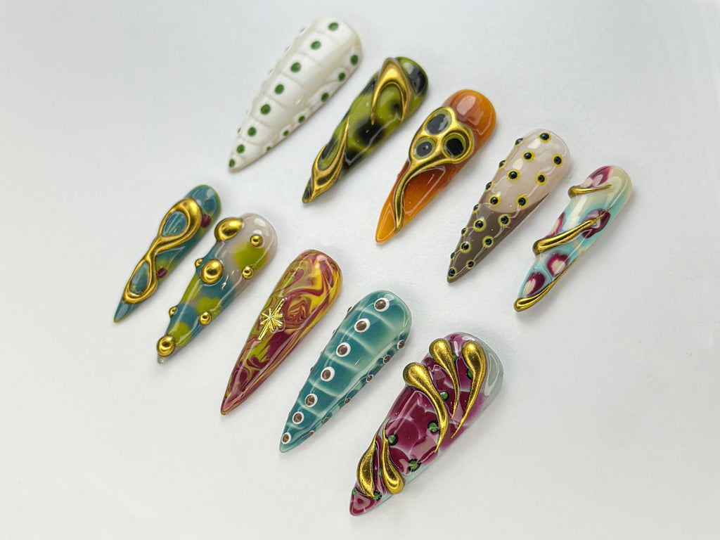 Aliencore Abstract Press on Nails | Abstract Eye Design Nail Art | Weird Aliencore Nail Design | Eccentric Cosmic Nail Set l JB747HC