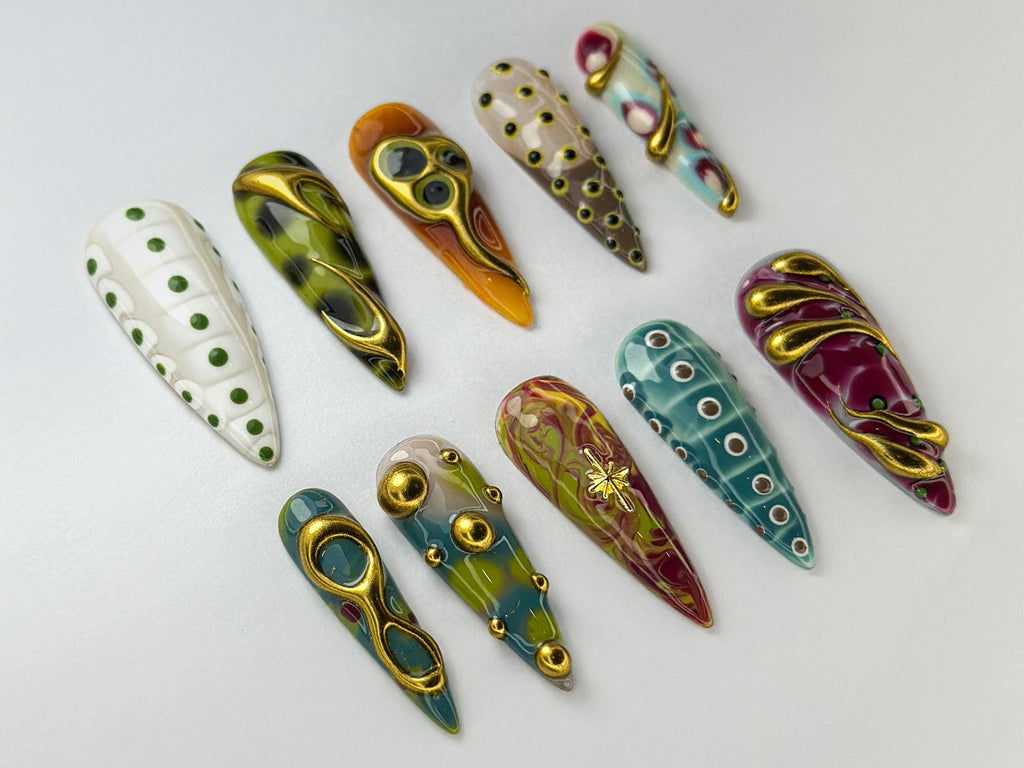 Aliencore Abstract Press on Nails | Abstract Eye Design Nail Art | Weird Aliencore Nail Design | Eccentric Cosmic Nail Set l JB747HC