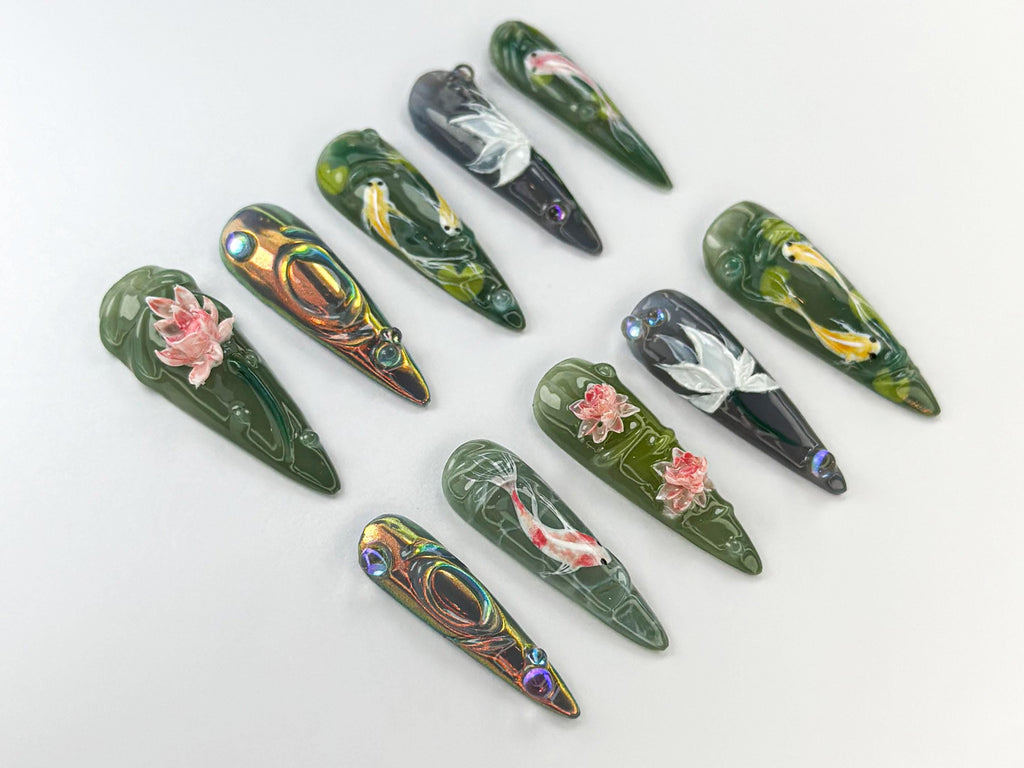 Serene Koi Pond Press On Nails | Koi Fish & Lotus Design | Floral Nature-Inspired Press Ons | Japanese Water Nail Art | JB749HK