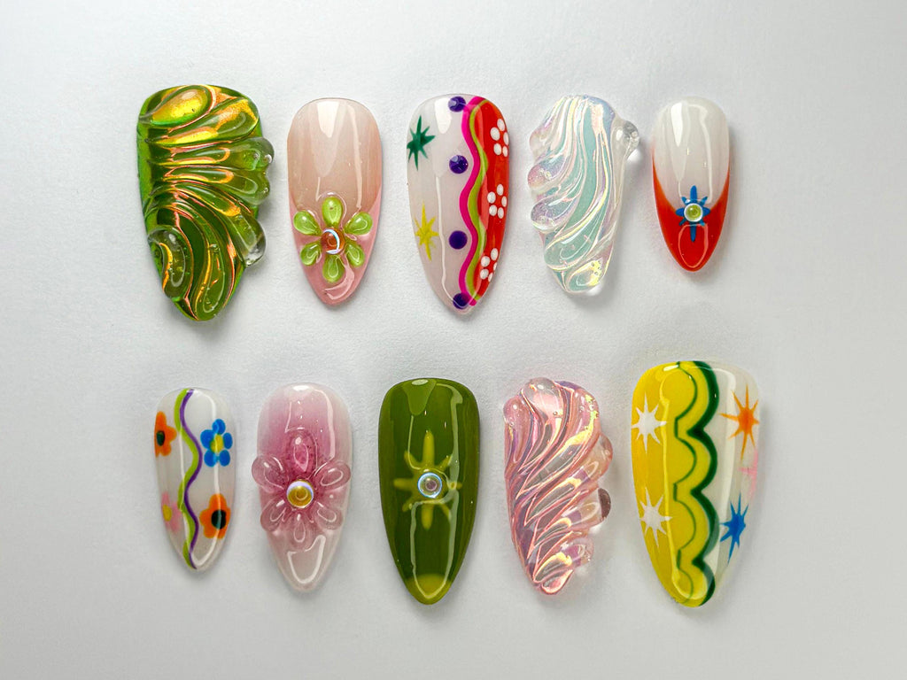 Summer Colorful Abstract Press On Nails By SevenNailArt | Handmade Colorful Press-On Nail Art | 3D Floral & Holographic | JC716HC