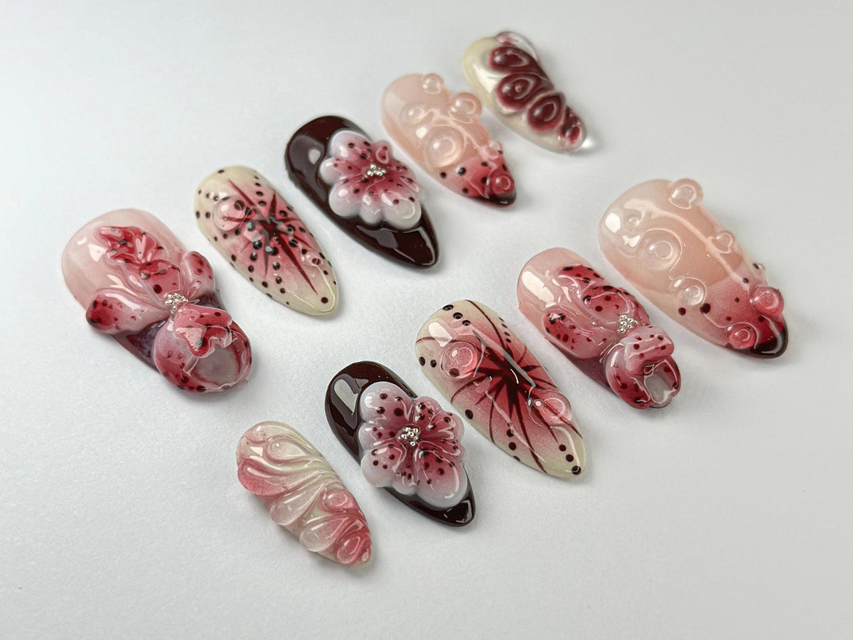 Elegant Red Floral Press On Nails By SevenNailArt | Burgundy & Blush Floral Art | Glossy Handmade Nails | Custom Wedding Nail Art | JC717HC