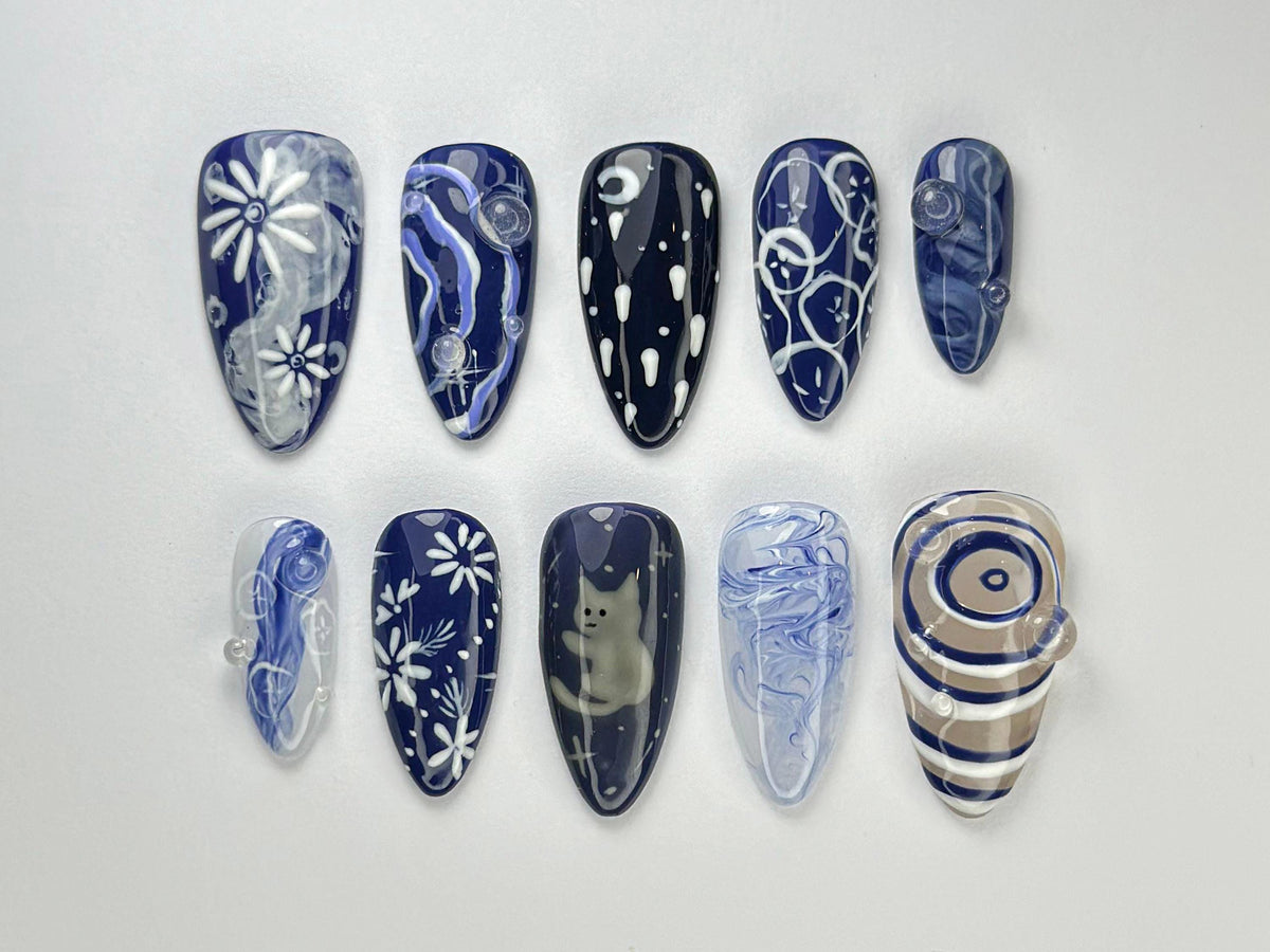 Cosmic Dreamer Press On Nails By SevenNailArt | Starry Night Nail Design | Moon Phases & Constellations Nail Art | Galaxy Aesthetic |JC718HC
