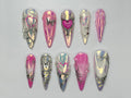 Celestial Love Chrome Press On Nails | Iridescent Butterfly Heart Nails | Handmade Pink Silver Set with 3D Shine | Long Press On | JC752HC