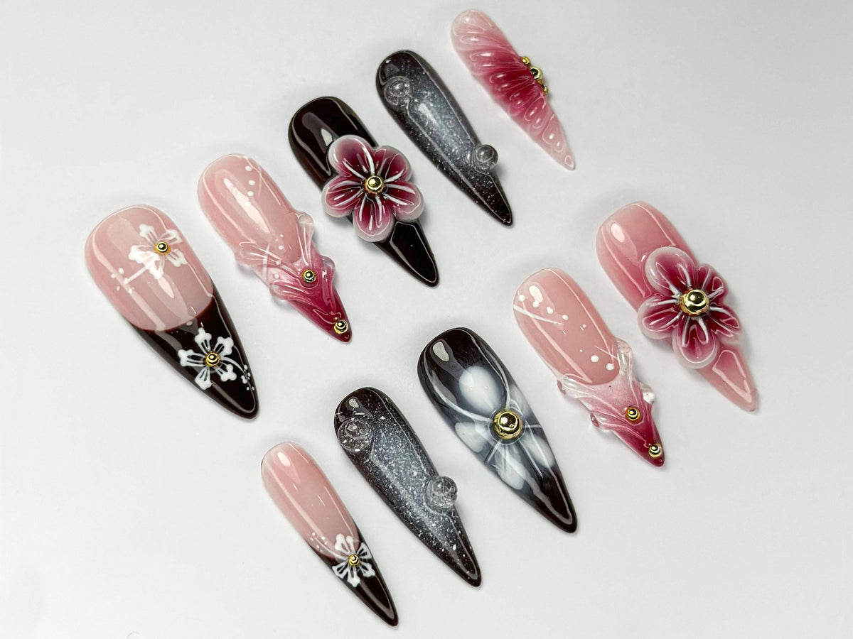 Elegant Red Floral Press On Nails | 3D Red Blossom Nail Set | Elegant Spring Nails | Glossy Floral Nail Set | Dark Glam Nails | JC756HC