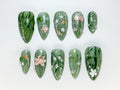 Green Forest Koi Press-On Nails | Handmade Koi Fish Nail Set | Green Floral & Marble Press-Ons | Glossy Press-On Nail Set | JB723HK