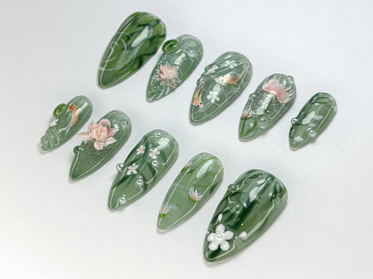 Green Forest Koi Press-On Nails | Handmade Koi Fish Nail Set | Green Floral & Marble Press-Ons | Glossy Press-On Nail Set | JB723HK