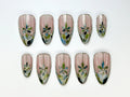 Stained Glass Press-On Nails | Stained Glass Press-On Nails | Neutral & Green Nail Design | Elegant Handcrafted Nail | Luxury Nail | JB724HC