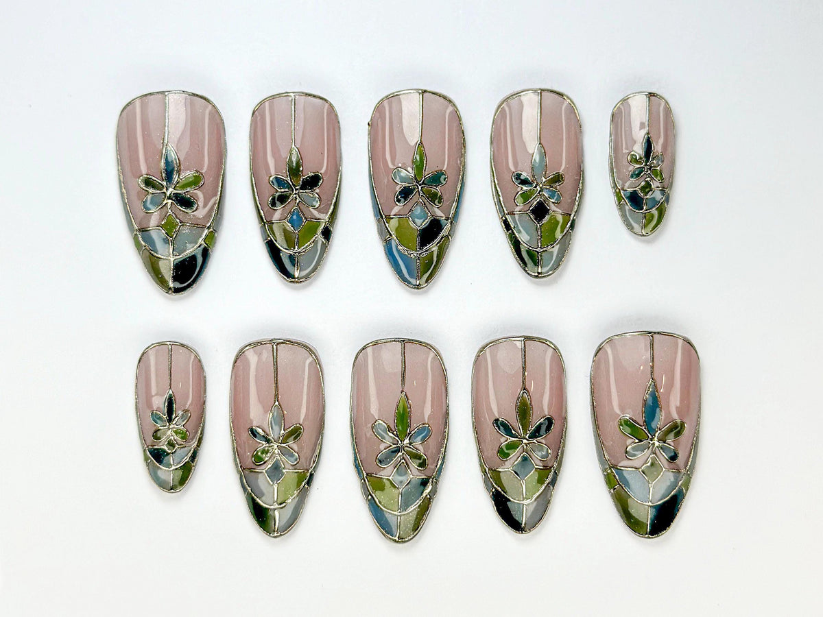 Stained Glass Press-On Nails | Stained Glass Press-On Nails | Neutral & Green Nail Design | Elegant Handcrafted Nail | Luxury Nail | JB724HC