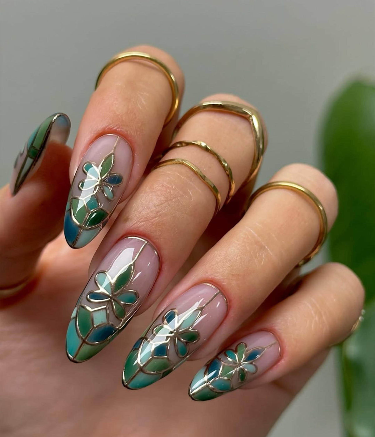 Stained Glass Press-On Nails | Stained Glass Press-On Nails | Neutral & Green Nail Design | Elegant Handcrafted Nail | Luxury Nail | JB724HC