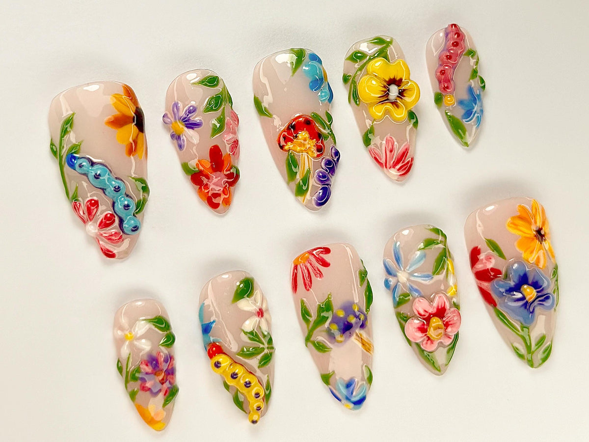 Colorful Flower Press-On Nails | Spring Flower Press Ons | 3D Flowers Fake Nails| Perfect for Special Occasions | Summer Collection |JB759YC
