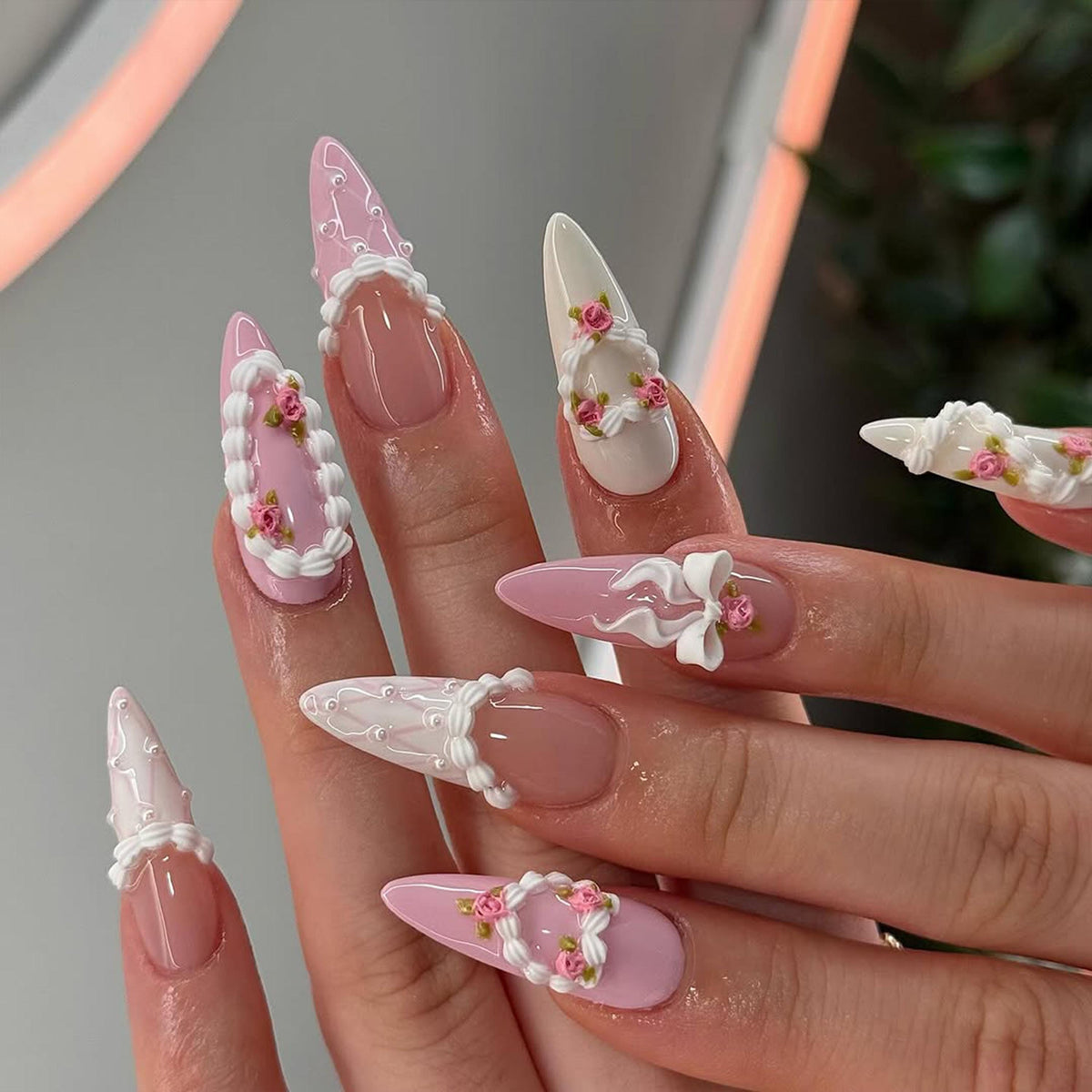 Romantic Pink Press On Nails | 3D Blush Vintage Nail Set | Long French Ribbon Nails | Romantic Pink Press On Nails |JB760HC