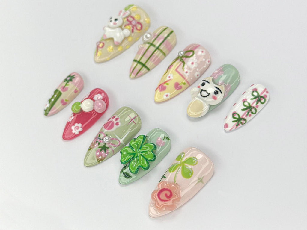 Kawaii Bunny Press On Nails | Kawaii Pastel Spring Nail Art | Soft Girl Aesthetic Nail | Handmade Kawaii Nail Art | Lucky Vibe Nail| JB765HC