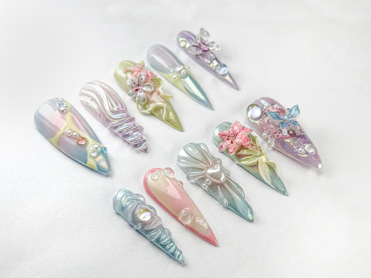 Fairycore Pastel Floral Press-On Nails | Pastel Nature-Inspired Nail | Dreamy Iridescent Design | Butterfly 3D Nail Art | JB730HK
