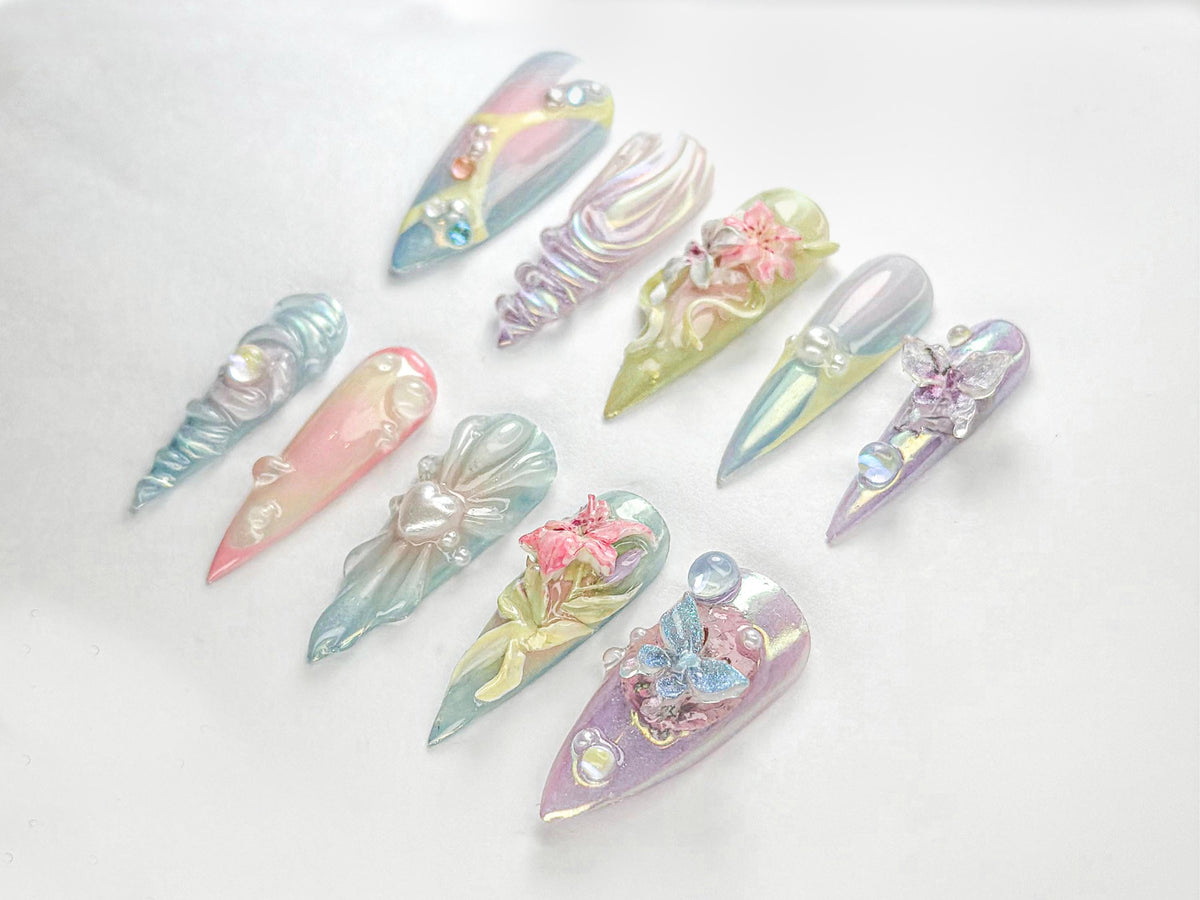 Fairycore Pastel Floral Press-On Nails | Pastel Nature-Inspired Nail | Dreamy Iridescent Design | Butterfly 3D Nail Art | JB730HK