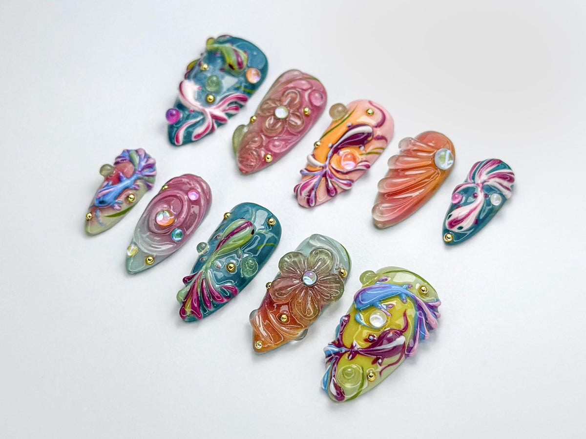 Colorful 3D Press-On Nails | Artistic Jelly Texture Design | Floral & Fish Design Nail | Vibrant Fantasy Press-Ons Set | JB732HC