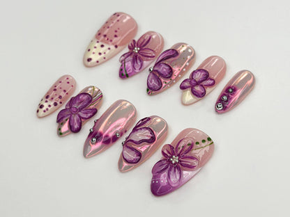 Glossy Purple Flower Press On Nails | 3D Floral Chrome Nails | Handmade Long Nails | Sparkling Violet Flower Tips| Elegant Nail Set |JB770HC