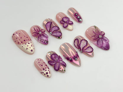 Glossy Purple Flower Press On Nails | 3D Floral Chrome Nails | Handmade Long Nails | Sparkling Violet Flower Tips| Elegant Nail Set |JB770HC