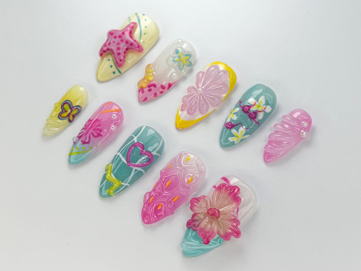 Tropical Summer Press-On Nails | Bright Pink & Yellow Nail Art | Summer Inspired Nail Design | Cute Beach Nail Set | Tropical Vibes |JB738HC