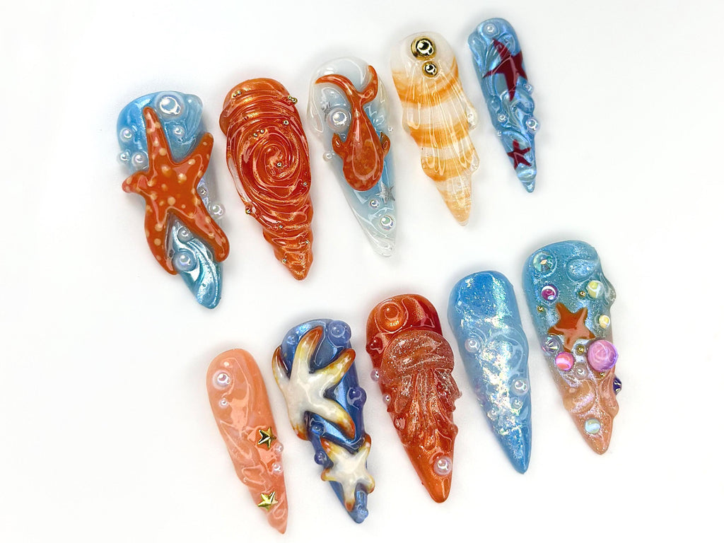 Ocean Galaxy Fantasy Press On Nails | Tropical Beach Designs With Starfish Nail Art | Summer Handmade Nails |Inspo: @angrybunnynails|JB777YC