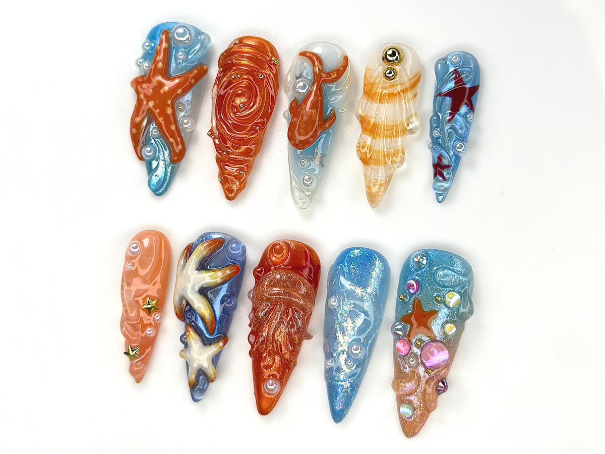 Ocean Galaxy Fantasy Press On Nails | Tropical Beach Designs With Starfish Nail Art | Summer Handmade Nails |Inspo: @angrybunnynails|JB777YC