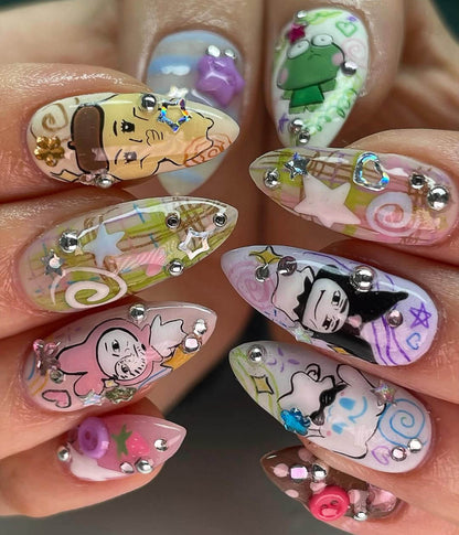 Whimsical Cartoon Pop Press On Nails | Playful Character Nails | Colorful 3D Kawaii Nail Design | Playful Mixed Media Nails | JB779HC