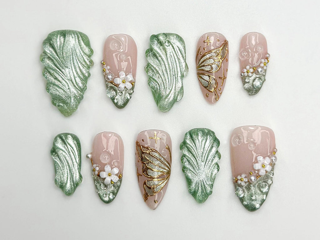 Jade Green Floral Press On Nails | Elegant Floral Nail Art | Zen Nature Press Ons | Nude Floral Butterfly Nails | Handmade 3D Nail | JB781HC