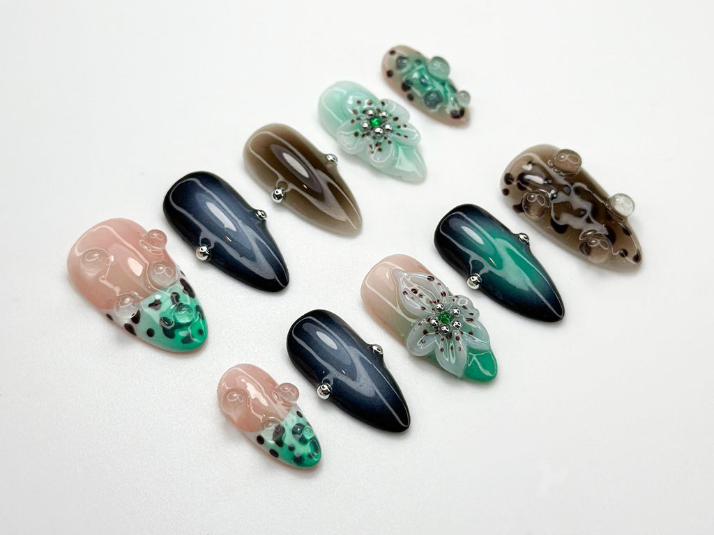 Mystic Leopard Bloom Press On Nails | Green Smoke & Gradient Nail Art | 3D Floral Nails | Handmade Moody Nail | Edgy Leopard Sesign |JC783HC