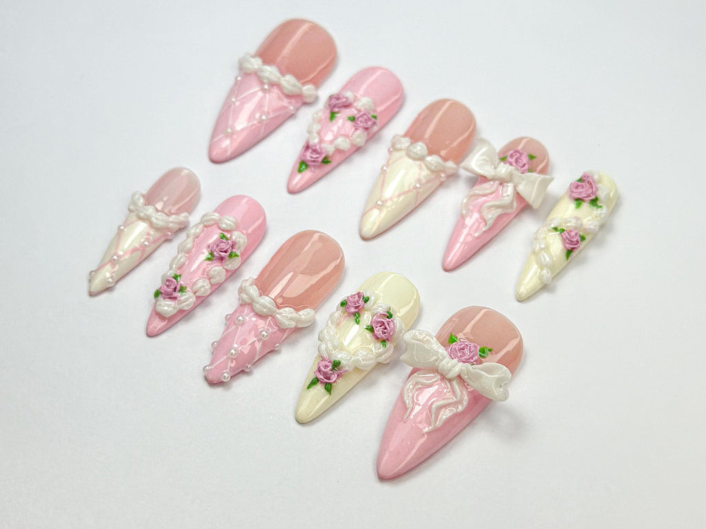 Romantic Pink Press On Nails | 3D Blush Vintage Nail Set | Long French Ribbon Nails | Romantic Pink Press On Nails |JB760HC