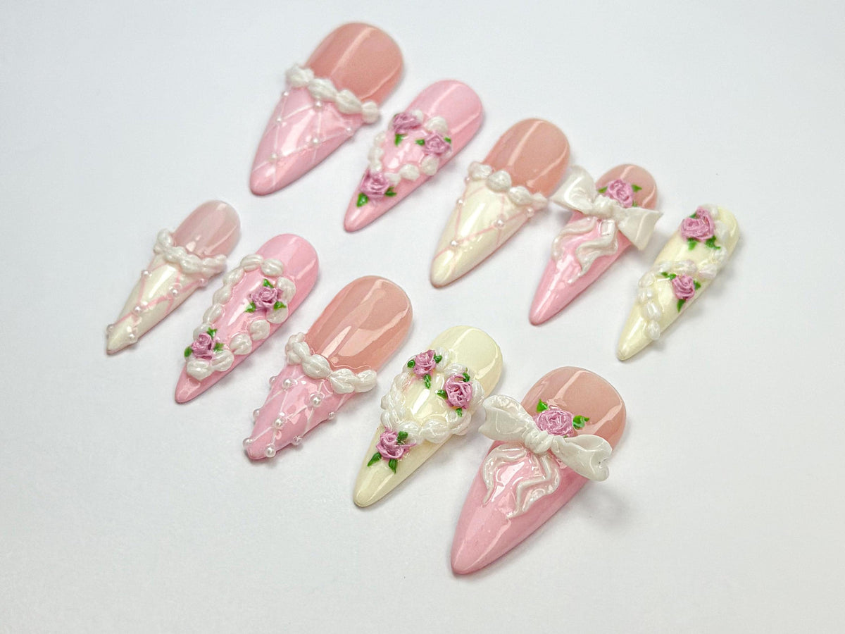 Romantic Pink Press On Nails | 3D Blush Vintage Nail Set | Long French Ribbon Nails | Romantic Pink Press On Nails |JB760HC