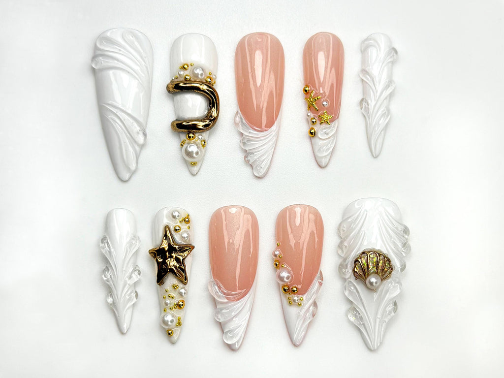 Handmade Ocean White Press On Nails |  White Shell Pearl Nail Set | Elegant Sea-Inspired Nail Art |  Gold & Pearl Press On Nails | JC791HC