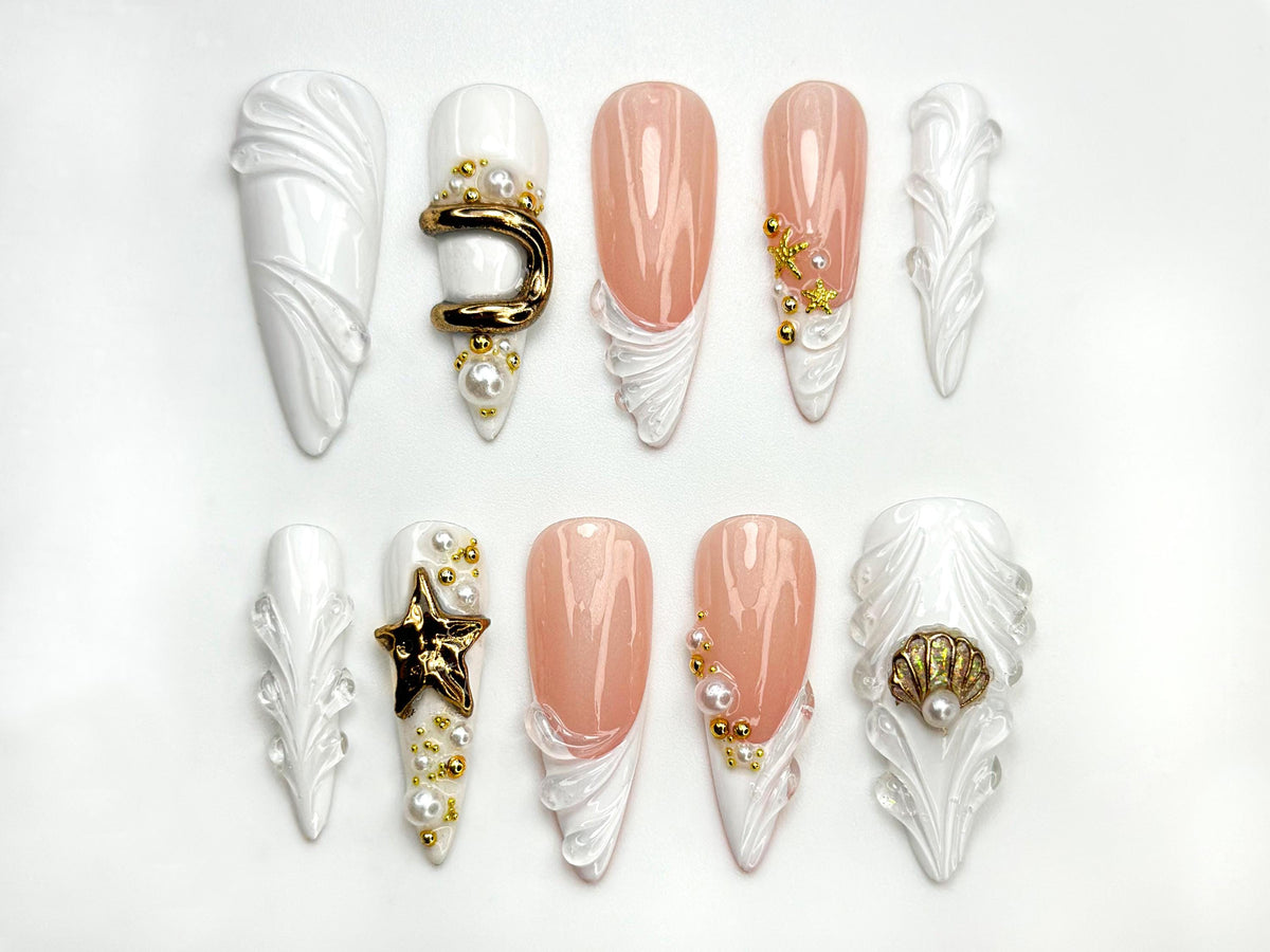 Handmade Ocean White Press On Nails |  White Shell Pearl Nail Set | Elegant Sea-Inspired Nail Art |  Gold & Pearl Press On Nails | JC791HC